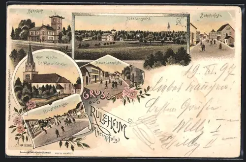 Lithographie Rülzheim /Rheinpfalz, Kath. Kirche St. Mauritius, Bahnhofstrasse, Bahnhof