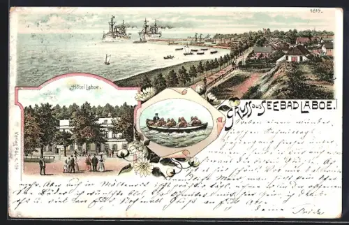 Lithographie Laboe, Hotel und Hafenansicht