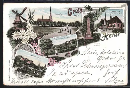 Lithographie Heide / Holstein, Gasthaus Waldschlöschen, Marktplatz mit Kirche, Oesterweide-Anlagen