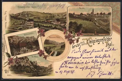Lithographie Kleinziegenfeld, Restaurant Weihersmühle im Kleinziegenfelder Thal, Wassmann`s Mühle, Mönch