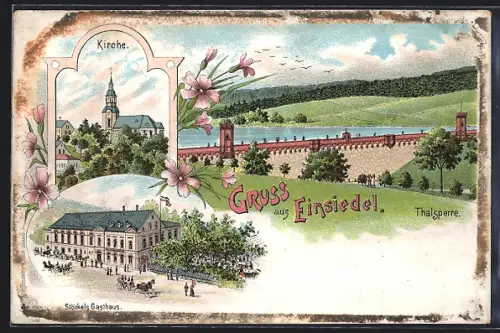 Lithographie Einsiedel / Chemnitz, Kirche, Stöckels Gasthaus, Thalsperre