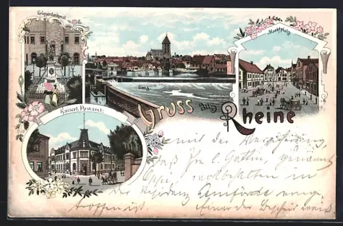 Lithographie Rheine, Kaiserliches Postamt, Kriegerdenkmal, Marktplatz, Ems Partie