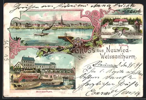 Lithographie Neuwied-Weissenthurm, Schloss, Ortsansicht mit Dampfer