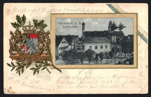 Passepartout-Lithographie Höchstädt a. D., Spitalstrasse, Wappen
