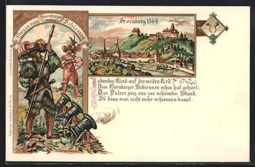 AK Hornberg / Schwarzwald, historische Gesamtansicht anno 1564, Männer mit Kanonen