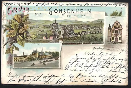 Lithographie Gonsenheim b. Mainz, Artillerie-Kaserne, Rathaus, Ortsansicht