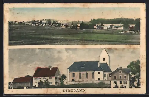 AK Birkland, Kirche, Ortsansicht aus der Vogelschau