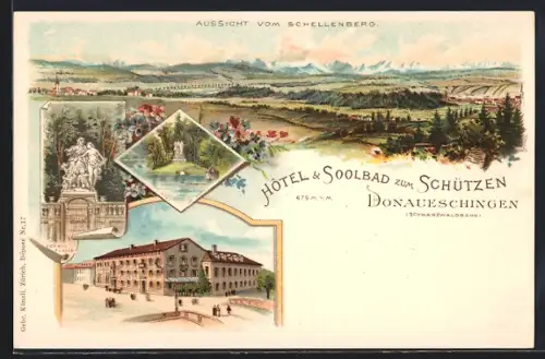 Lithographie Donaueschingen /Schwarzwaldbahn, Hotel & Soolbad zum Schützen, Aussicht vom Schellenberg