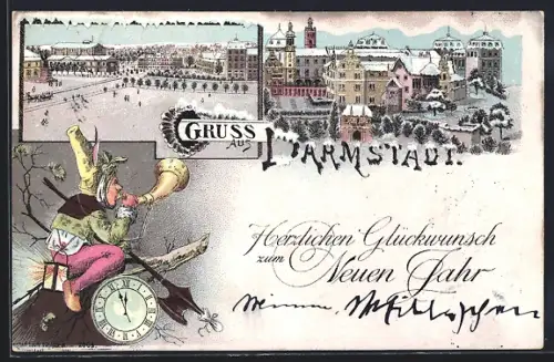 Winter-Lithographie Darmstadt, Ortsansicht aus der Vogelschau