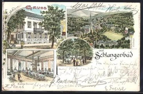 Lithographie Schlangenbad, Restauration Rheinischer Hof, Saalbau Bremser, Ortsansicht