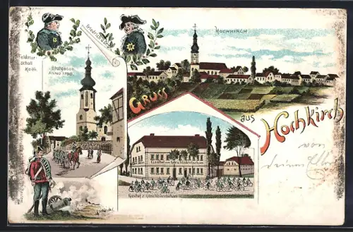 Lithographie Hochkirch, Gasthof z. Gerichtskretscham, Ortsansicht