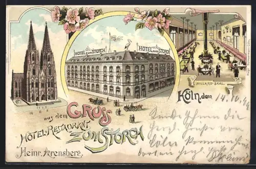Lithographie Köln, Dom, Hotel zum Storch, Aussenansicht und Billard-Saal, Hohe Pforte 13 /Ecke Agrippastrasse