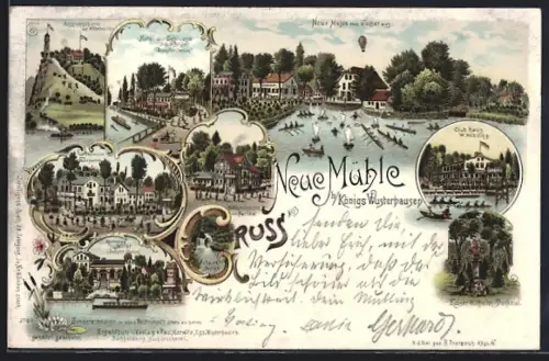 Lithographie Neue Mühle / Königs Wusterhausen, Hotel zur Schleuse, Restaurant Müller, Club Haus W. Nobiling
