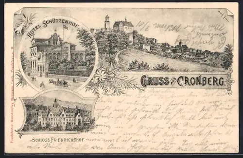 Lithographie Cronberg, Hotel Schützenhof, Schloss Friedrichshof, Ortsansicht