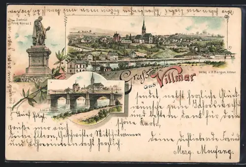 Lithographie Villmar, Lahnbrücke, Denkmal König Konrad I., Ortsansicht mit Kirche