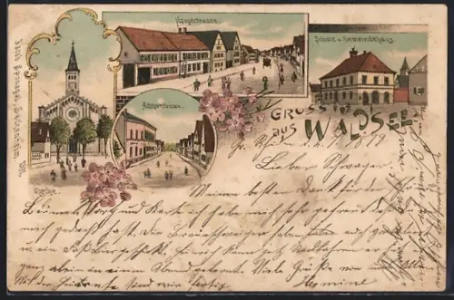 Lithographie Waldsee / Pfalz, Hauptstrasse, Schule, Gemeindehaus, Altriperstrasse