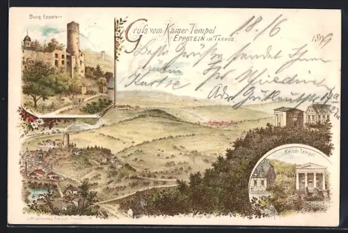 Lithographie Eppstein im Taunus, Kaiser-Tempel, Burg Eppstein, Ortsansicht