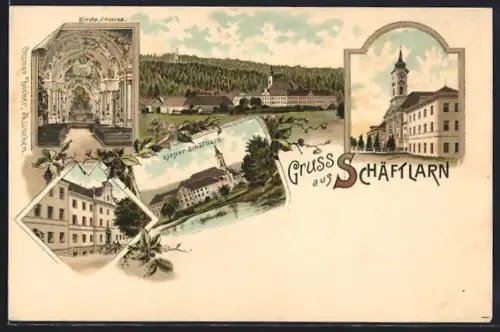 Lithographie Schäftlarn, Kloster, Kirche mit Innenraum