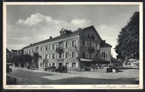 AK Donaueschingen, Autos am Hotel & Solbad Zum Schützen v. Jos. Buri.