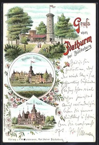 Lithographie Bückeburg, Gasthaus am Idathurm, Residenz-Schloss, Neues Palais