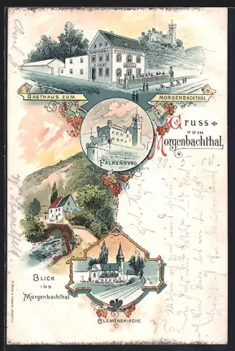 Lithographie Morgenbachthal, Gasthaus zum Morgenbachthal, Falkenburg, Clemenskirche