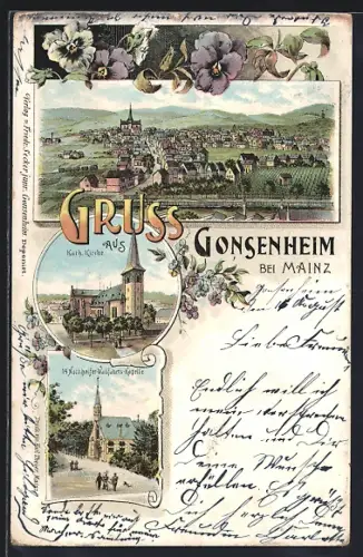 Lithographie Gonsenheim, Totalansicht, Kath. Kirche, Wallfahrtskapelle