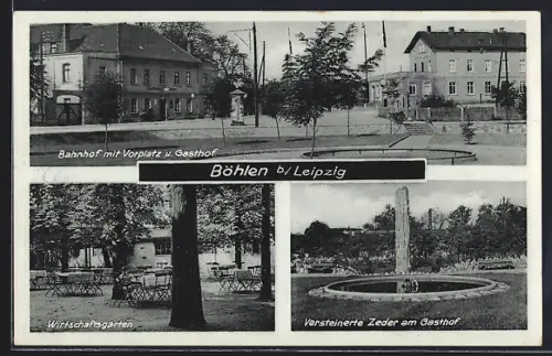 AK Böhlen / Leipzig, Bahnhof mit Vorplatz u. Gasthof, Wirtschaftsgarten und Versteinerte Zeder