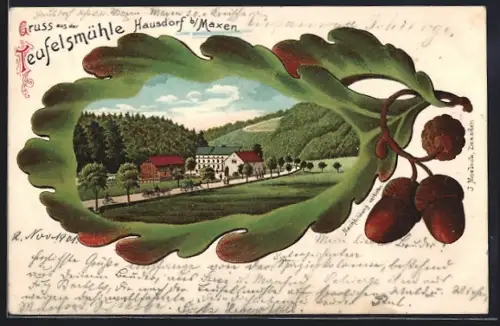 Passepartout-Lithographie Hausdorf b. Maxen, Teufelsmühle, Eichenblatt