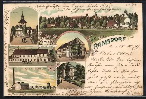 Lithographie Ramsdorf / Lucka, Gasthof, Kohlenschacht, Kirche, Ortsansicht