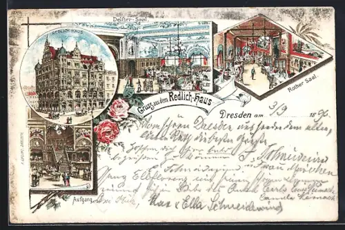 Lithographie Dresden, Redlich-Haus, Delfter-Saal, Rother Saal, Aufgang