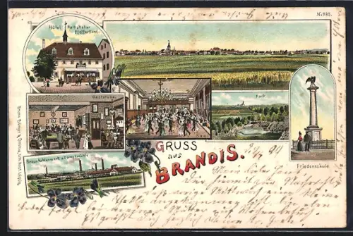 Lithographie Brandis, Blick zum Ort, Hotel Ratskeller-Pfefferkorn, Braunkohlenwerk, Gaststube