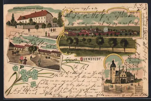 Lithographie Quenstedt, Teilansicht, Gasthaus zum brauenen Hirsch, Rittergut, Kirche