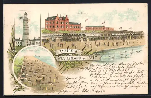 Lithographie Westerland, Leuchtthurm, Am Strande, Burgen bauen im Sand
