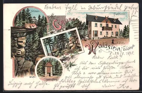 Lithographie Zell /Fichtelgeb., Gasthaus Forsthaus Waldstein, Bärenfang, Burgruine