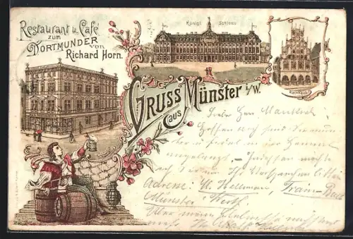 Lithographie Münster i. W., Restaurant u. Café zum Dortmunder v. Richard Horn, Rathaus, Königl. Schloss