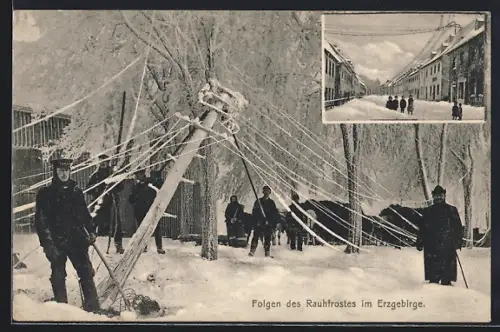 AK Wolkenstein, Unwetter, Folgen des Rauhfrostes, Leute an den umgekippten Telefonmasten