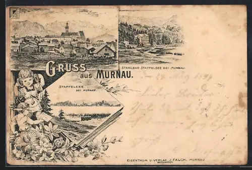 Lithographie Murnau, Stahlbad Staffelsee, Ortsansicht aus der Vogelschau