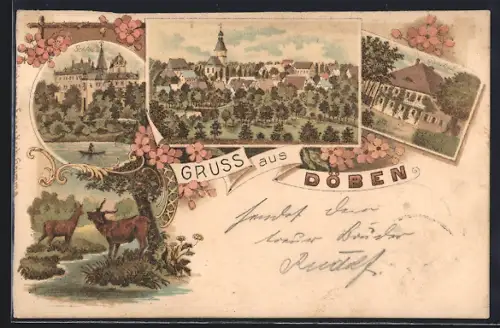Lithographie Döben, Gasthof, Schloss, Ortsansicht aus der Vogelschau