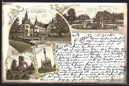 Lithographie Koppitz, Schloss, Springbrunnen, Siegessäule