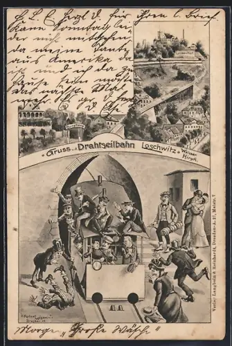 Künstler-AK Dresden-Loschwitz, Hektisches Treiben an der Drahtseilbahn, Humoristische Darstellung