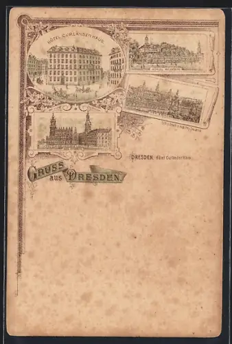 Lithographie Dresden, Hotel Curländer Haus, Zwinger, Königl. Belvedere