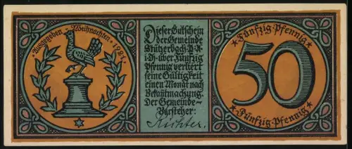 Notgeld Stützerbach 1921, 50 Pfennig, Glasbläser bei der Arbeit und Hahn auf Podest mit Lorbeerkranz