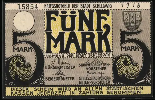 Notgeld Schleswig 1918, 5 Mark, Stadtansicht mit Sonnenschein und Segelboot, Wappen oben rechts