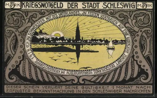 Notgeld Schleswig 1918, 5 Mark, Stadtansicht mit Sonnenschein und Segelboot, Wappen oben rechts