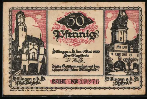 Notgeld Dillingen / Donau 1920, 50 Pfennig, Stadtansichten, Wilhelm Bauer Porträt Erfinder des U-Boot / Unterseeboot