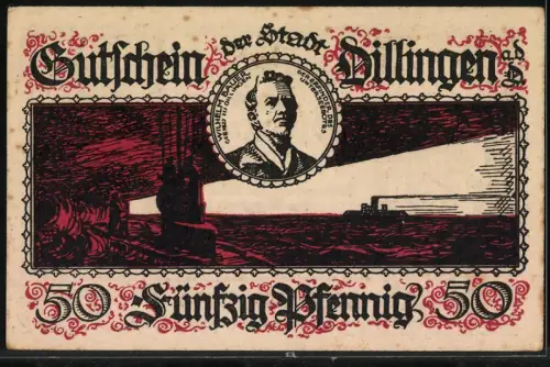 Notgeld Dillingen / Donau 1920, 50 Pfennig, Stadtansichten, Wilhelm Bauer Porträt Erfinder des U-Boot / Unterseeboot