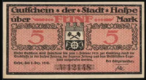 Notgeld Haspe 1918, 5 Mark, Stadtwappen und Hasper Talsperre mit Landschaftsmotiv