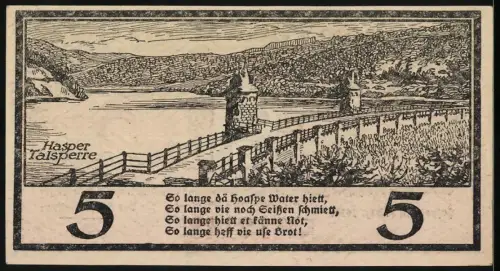 Notgeld Haspe 1918, 5 Mark, Stadtwappen und Hasper Talsperre mit Landschaftsmotiv