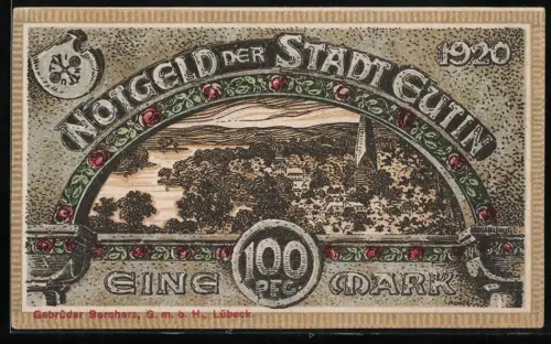 Notgeld Eutin 1920, 100 Pfennig, Stadtansicht und Wappen mit Rosenornamenten
