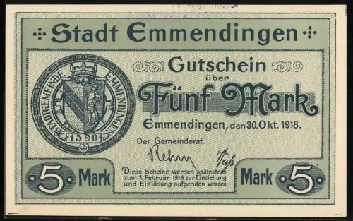 Notgeld Emmendingen 1918, 5 Mark, Stadtwappen und Stadtansicht mit Gebäude und Marktplatz, Stempel: Bezahlt Ungültig
